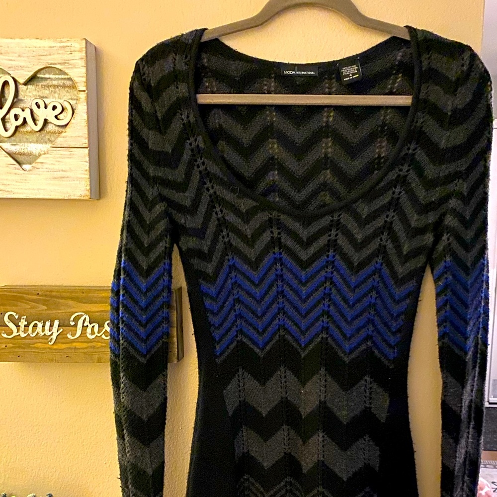 Sweater dress, black, grey and blue form fitting size small
